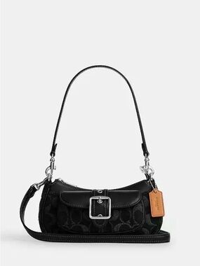 Coach Black Signature denim  Shoulder Bag with Tan Leather Tag